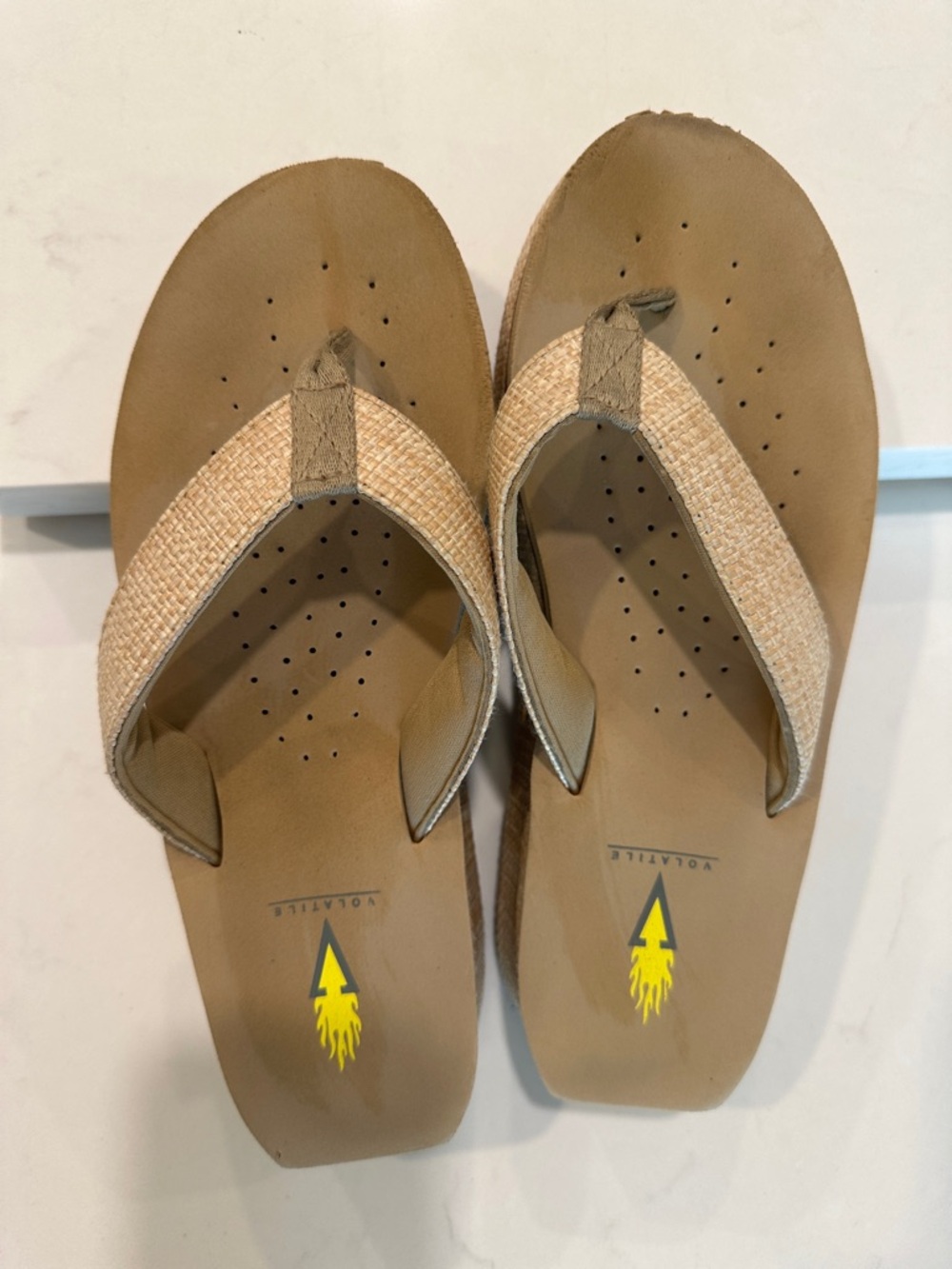 Volatile Tan Woven Strap Flip Flops with Yellow Logo